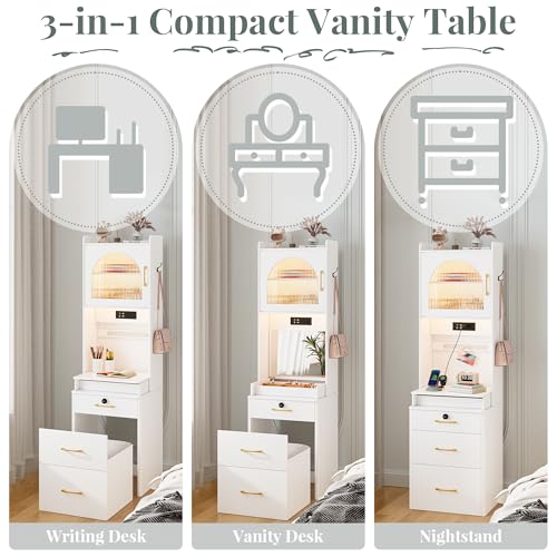 NUNU LAB 42 Inchs Large Vanity Desk with Mirror and Lights with 6 Drawers and 4 Cabinets, Big Women Makeup Table with Power Outlet