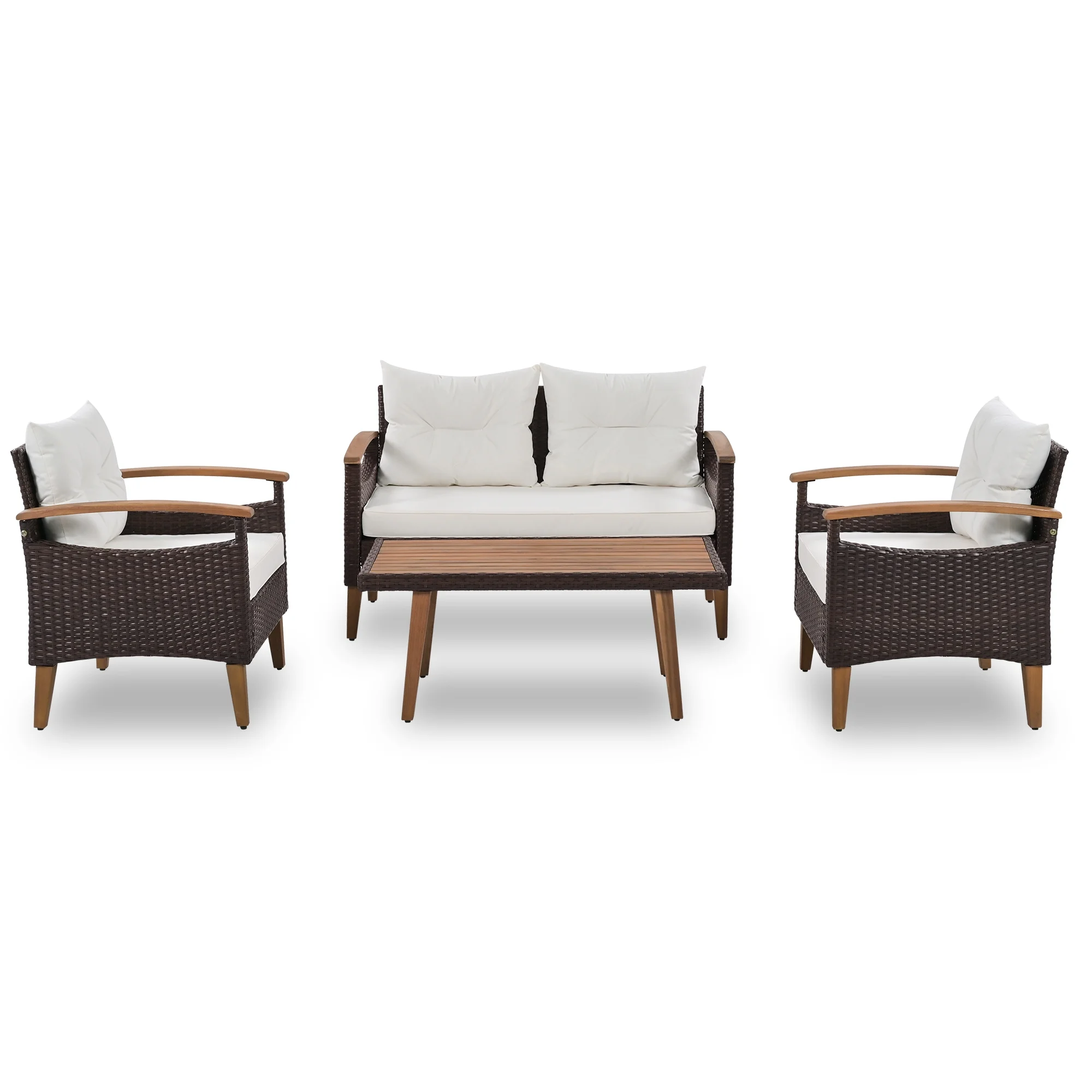 Churanty Patio Conversation Set, 4-Piece Outdoor Garden Furniture Set, Patio Seating Set, PE Rattan Outdoor Sofa Set, Wood Table and Legs