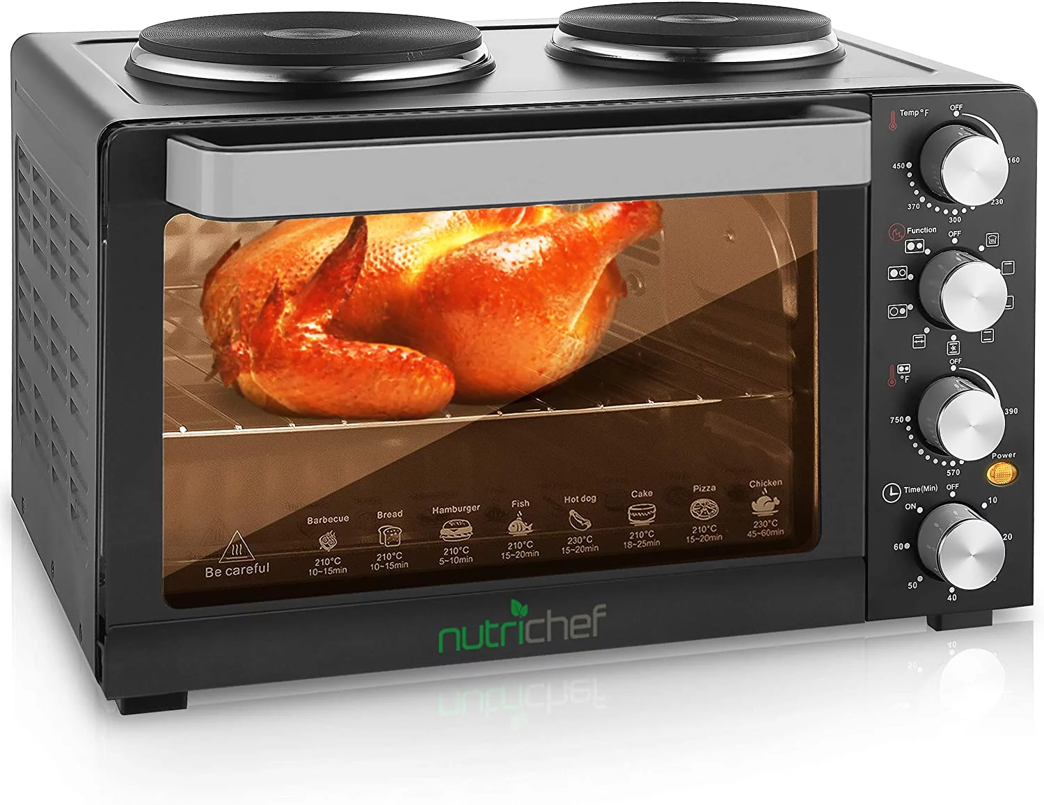 NutriChef 30 Quarts Kitchen Convection Oven - 1400 Watt Countertop Turbo, Rotisserie Roaster Cooker with Grill, Griddle Top Rack, Dual Hot Plates