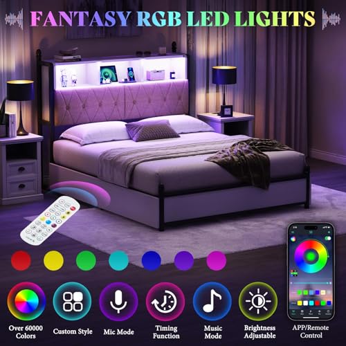 AMERLIFE Full Size Bed Frame with Bookcase Headboard, 4 Storage Drawers, Wooden Platform Bed with Charging Station & LED Light, No Box Spring Needed
