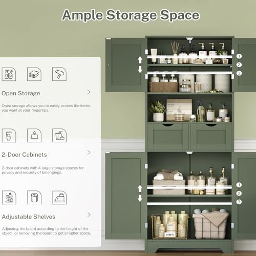 57.8“H Tall Bathroom Cabinet, Storage Cabinet with 2 Drawers & 2 Adjustable Shelves, Bathroom Storage Cabinet with 4 Doors