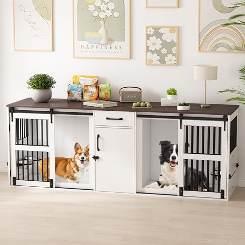 Piskyet 84.5" Double Medium Dog Crate Furniture,Heavy Duty Farmhouse Style Tv Stand Dog Kennel with Drawer and Cabinet