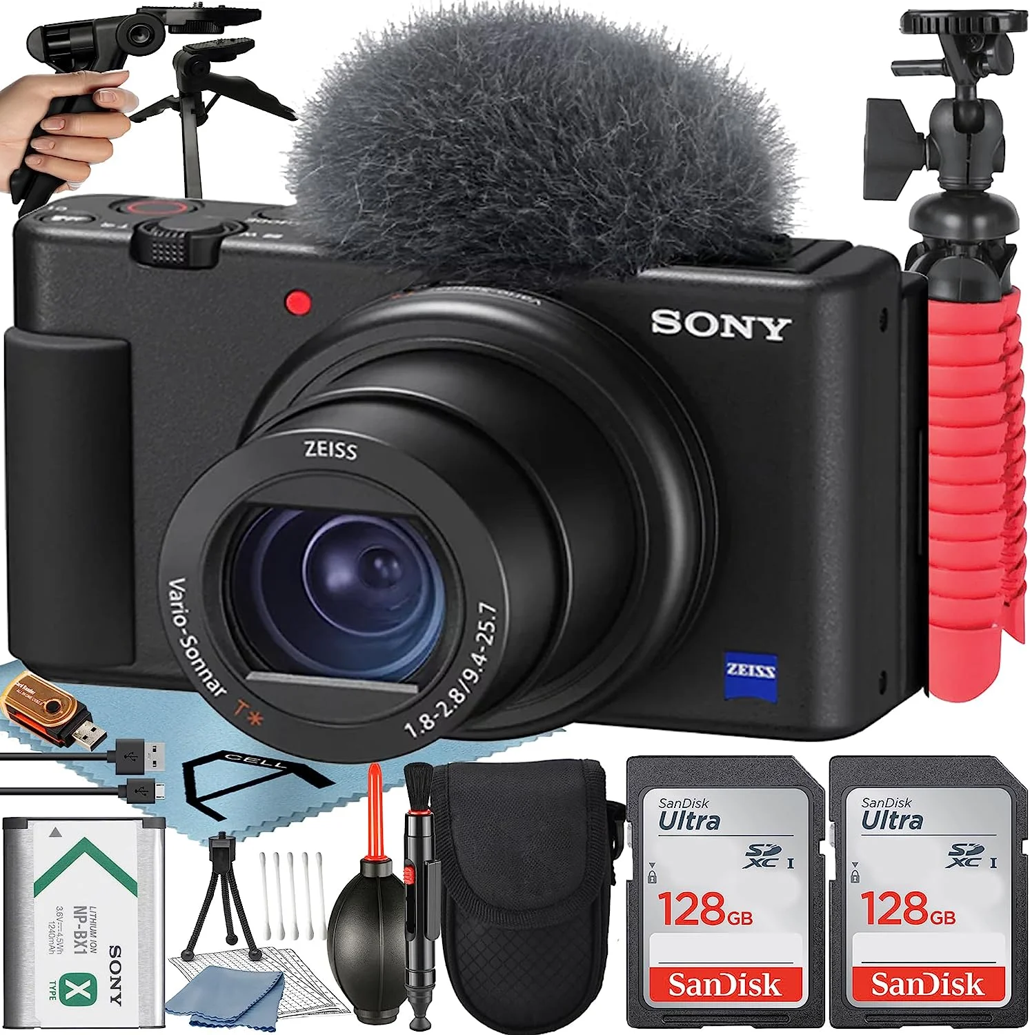 Sony ZV-1 Compact Digital Camera For Content Creators 4K HDR Video with Wind Screen + 2 Pack 128GB Memory Card + Case + Tripod + ZeeTech Accessory