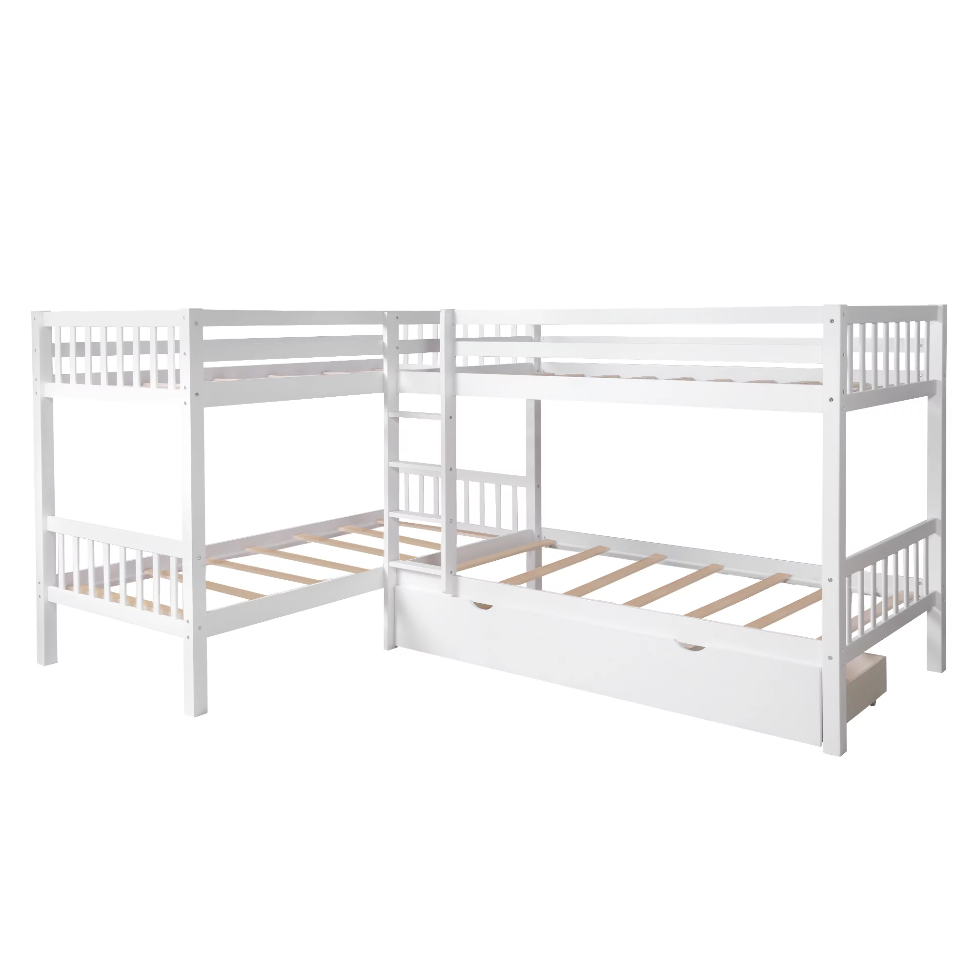 White Twin L-Shaped Bunk Bed with Drawers
