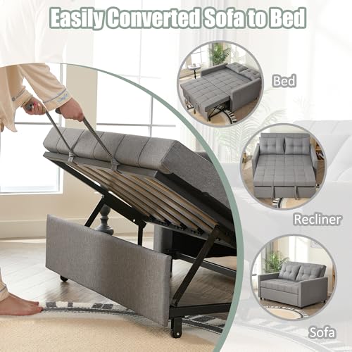 52" Sleeper Sofa with Pull-Out Bed, 3-in-1 Convertible Sofa Bed, Loveseat with Stepless Adjustable Backrest and Side Pocket