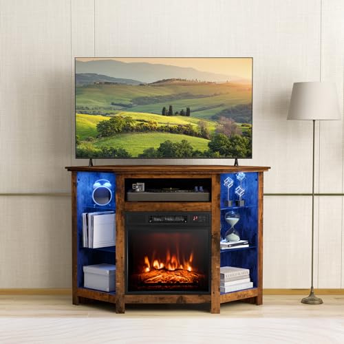 Fireplace Corner TV Stand, Entertainment Center for 50 Inch TV w/LED Lights Adjustable Shelves Overheat Protection Remote/APP Control