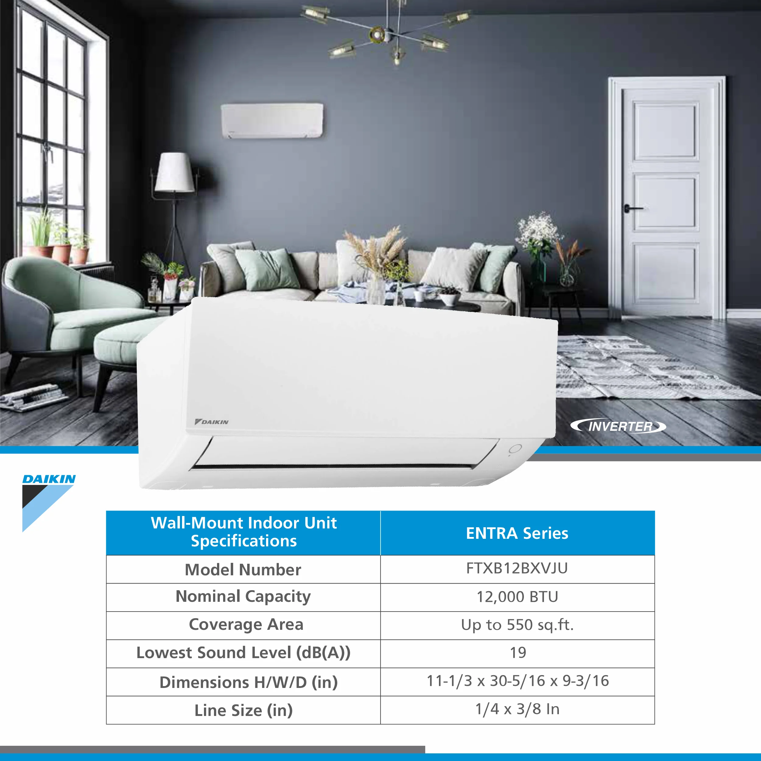 Daikin 12,000 BTU 18 SEER2 Ductless Mini-Split Heat Pump Air Conditioner 550 sq. ft.