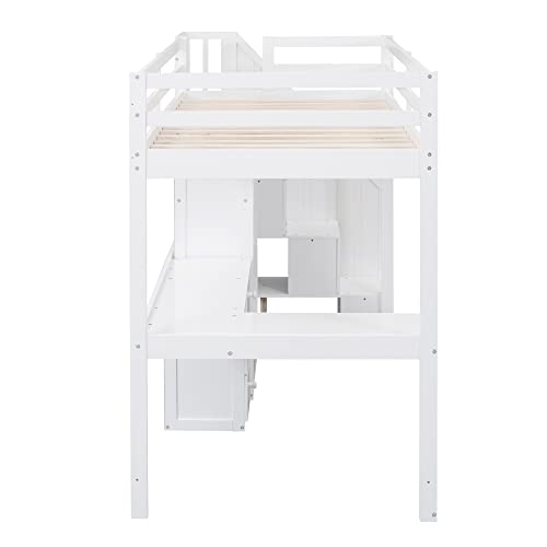 Harper & Bright Designs Twin Size Loft Bed with L-Shaped Desk and Stairs, Solid Wood Loft Bed Frame with Storage Drawers and Bookcase