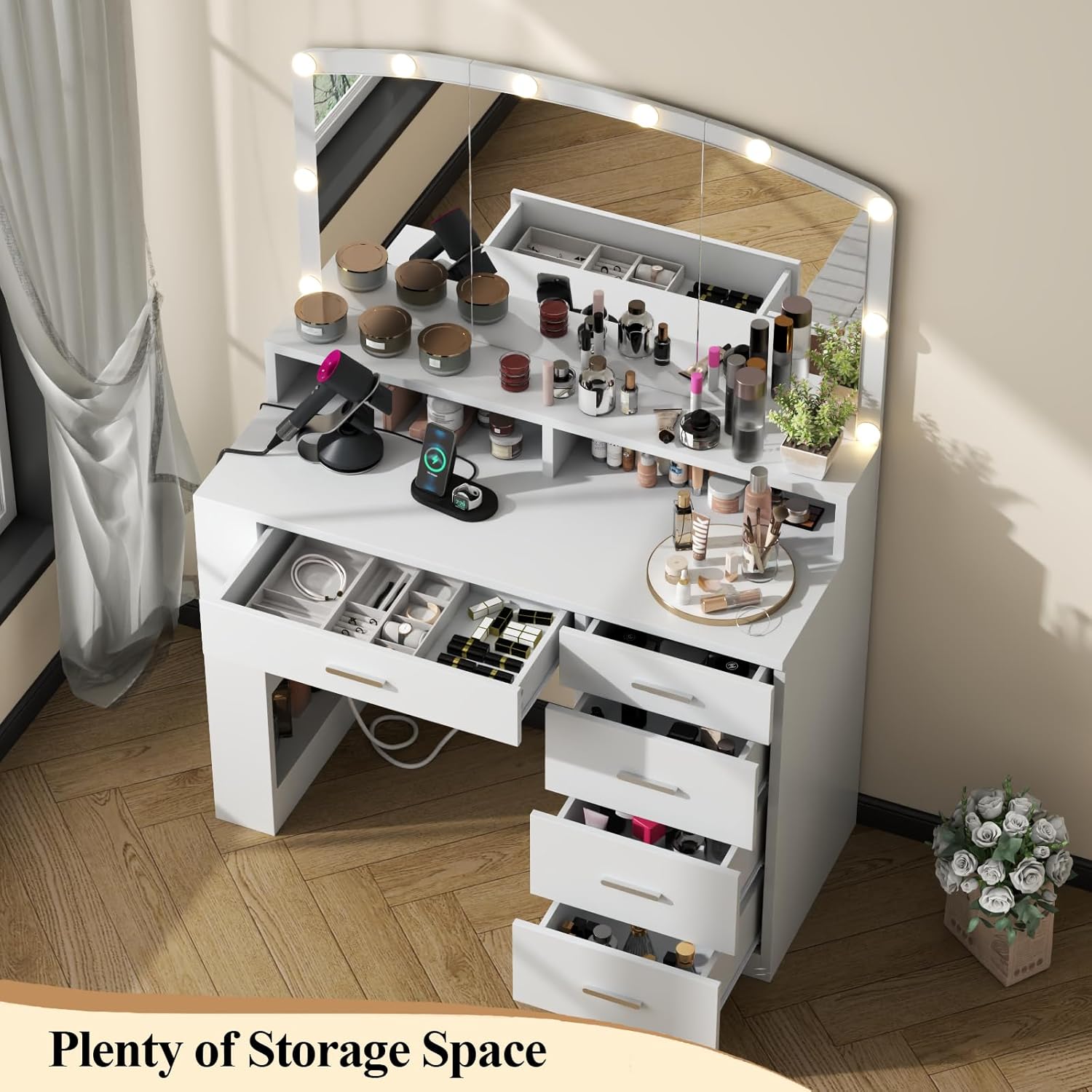 Vanity Desk with Large Mirror,Vanity Dresser with 10 Lights in 3 Lighting Colors,Makeup Vanity with 5 drawers and Power Outlet