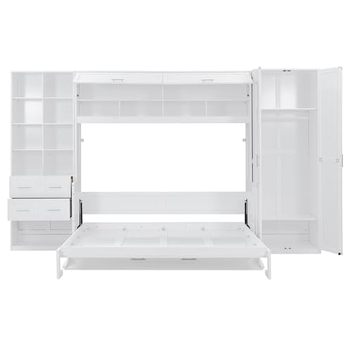 SOFTSEA Queen Size Murphy Bed with Desk, Horizontal Murphy Bed with Storage Wardrobe Drawers and Shelves, Hidden Wall Bedframe for Guest Room