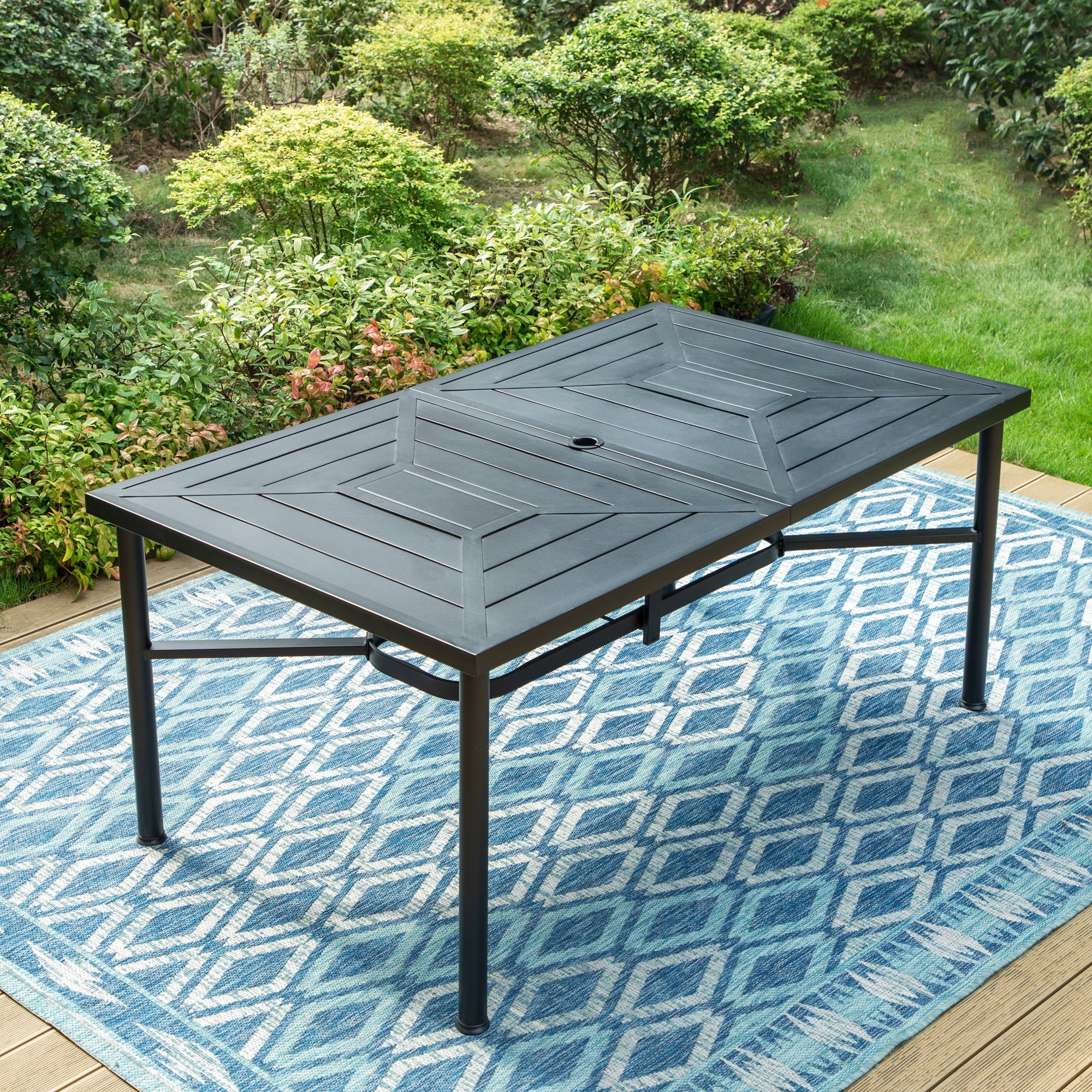 Summit Living 7-Piece Outdoor Dining Set with Swivel Cushioned Chairs for 6-Person, Umbrella Support, Black & Beige