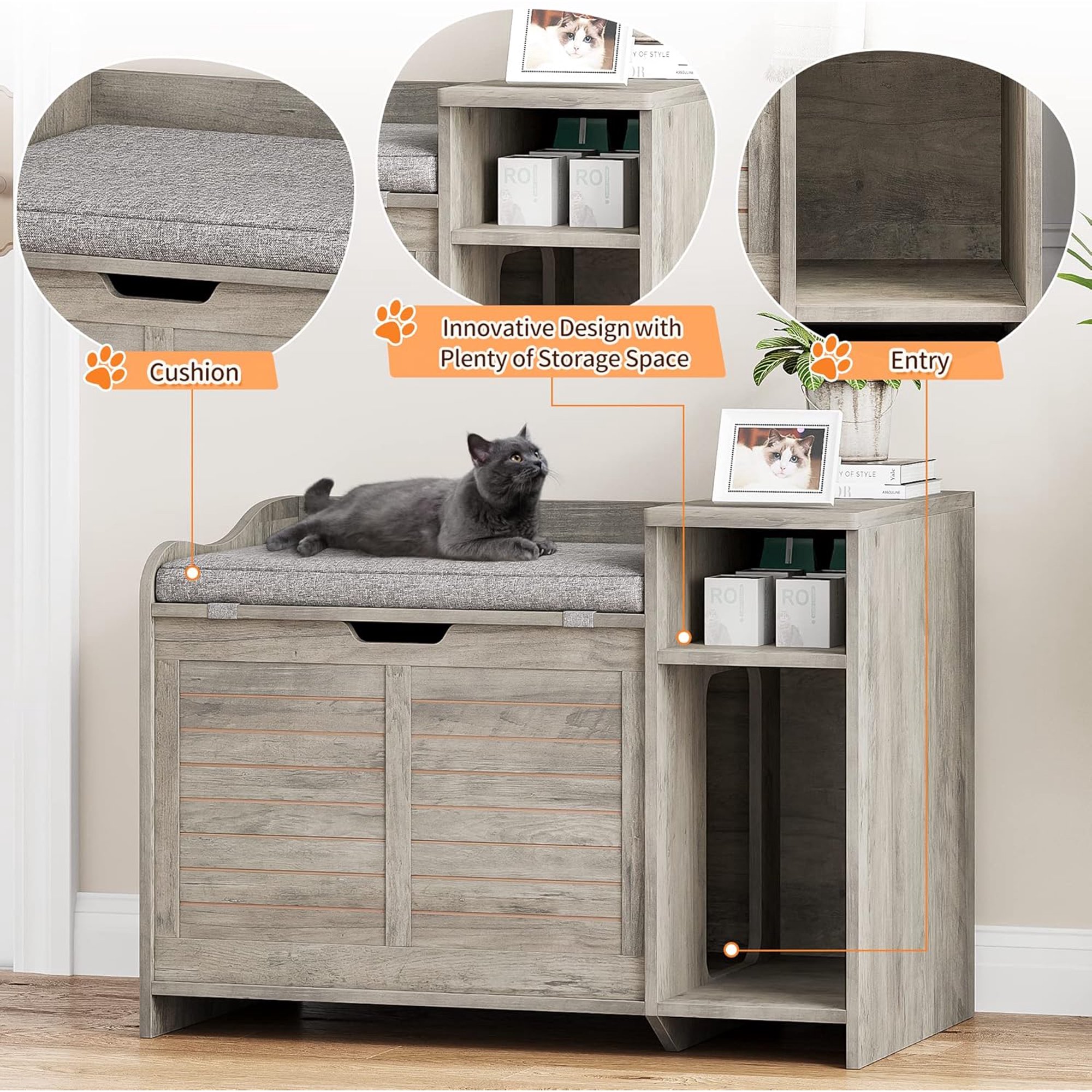 OUTGOODS Hidden Cat Litter Box Furniture, Fir Wood Enclosure Cabinet w/ Storage
