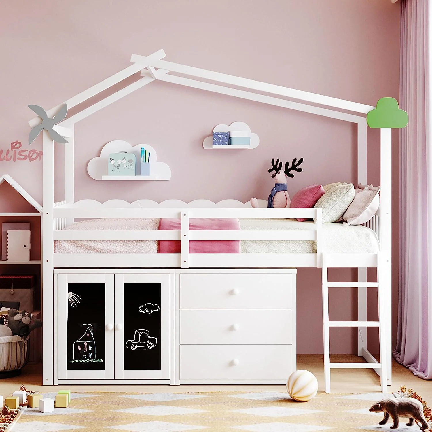 Momspeace Twin Size Loft Bed with Storage Cabinet and 3 Drawers, House Loft Bunk Beds with Roof, Black Boards and Guardrail - White