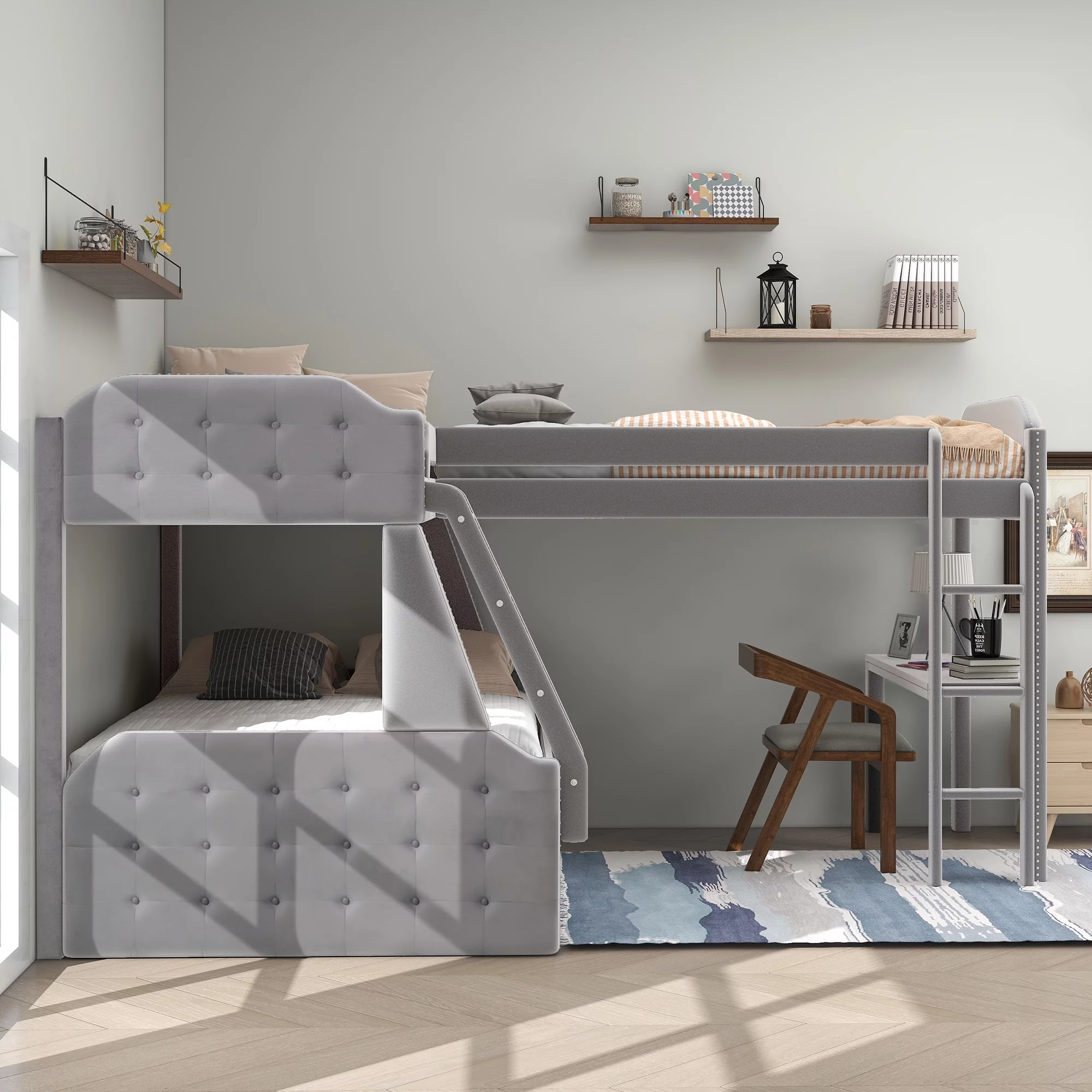 Euroco Upholstery Twin over Full Bunk Bed, Twin Size Loft Bed with Built-in Desk, 3-in-1 Bunk Bed, Solid Upholstered Wood Frame for More Kids, Gray
