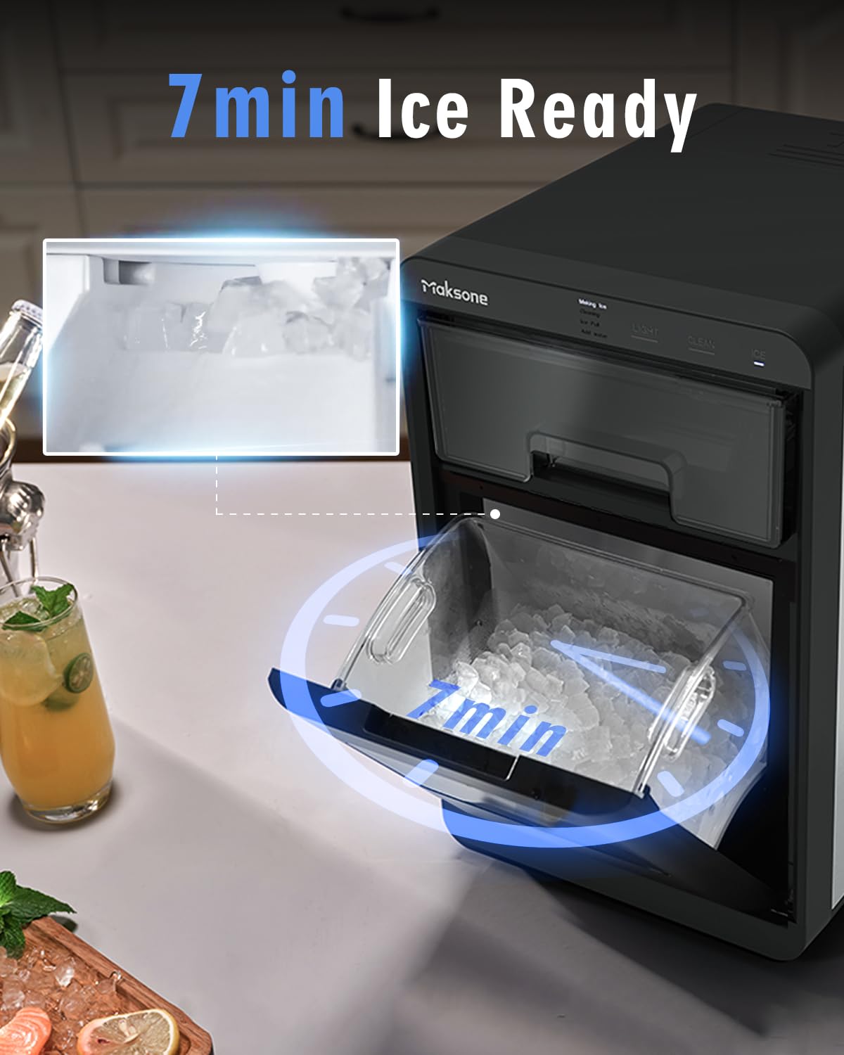 Maksone Nugget Ice Maker Countertop,44lbs/Day,Self-Cleaning ice Machine with Pebble ice,One-Click Operation,for Home/Kitchen/Office