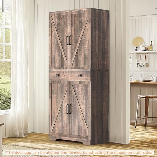 72" Tall Farmhouse Kitchen Pantry Cabinet, Large Storage Cabinet with 6 Adjustable Shelves, 4 Barn Doors & Drawer for Bathroom, Dining Room, Brown