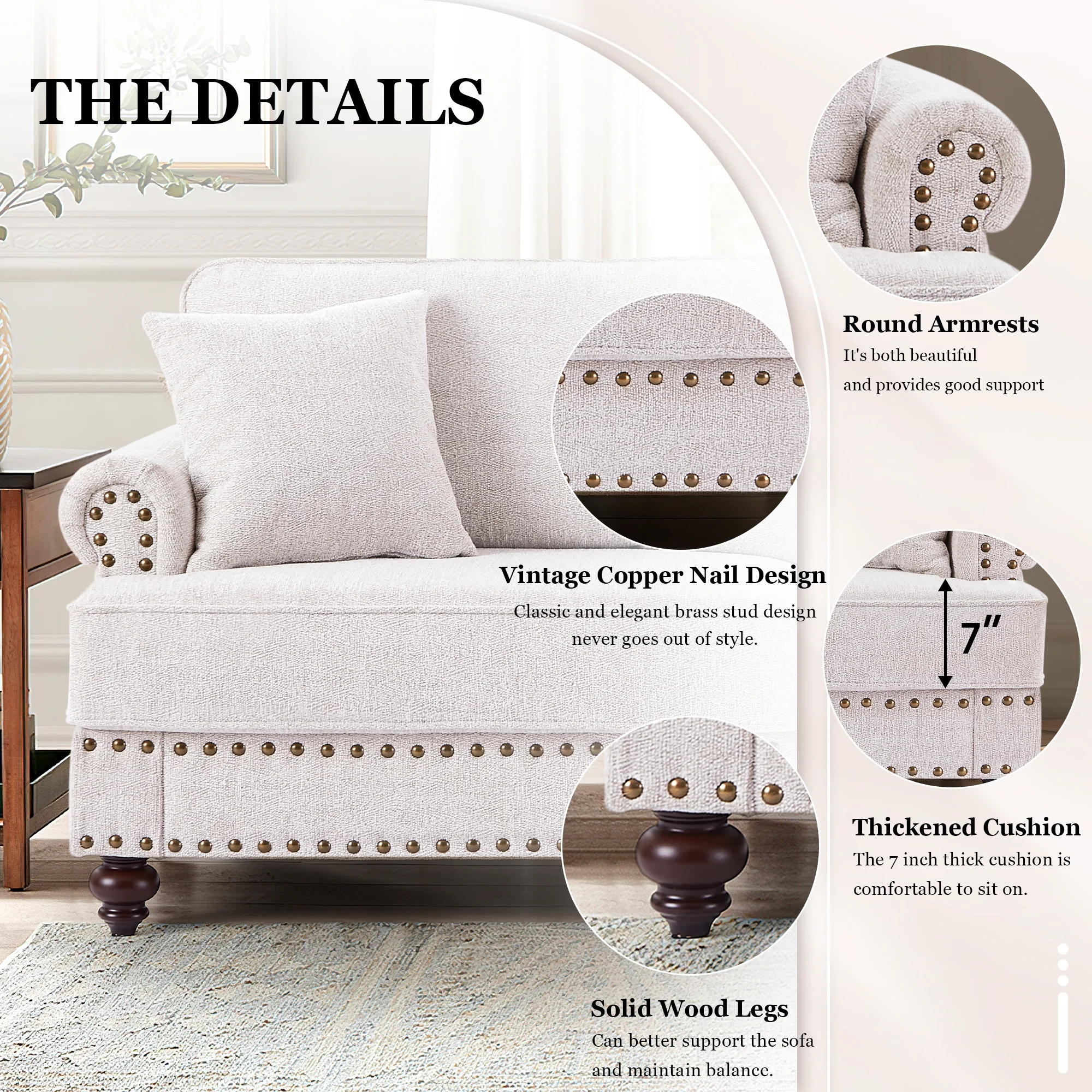 Muumblus Mid-Century Loveseat Sofa, 2 Seater Sofa with Nailhead, 61" Chenille Upholstered Couches for Living Room, White