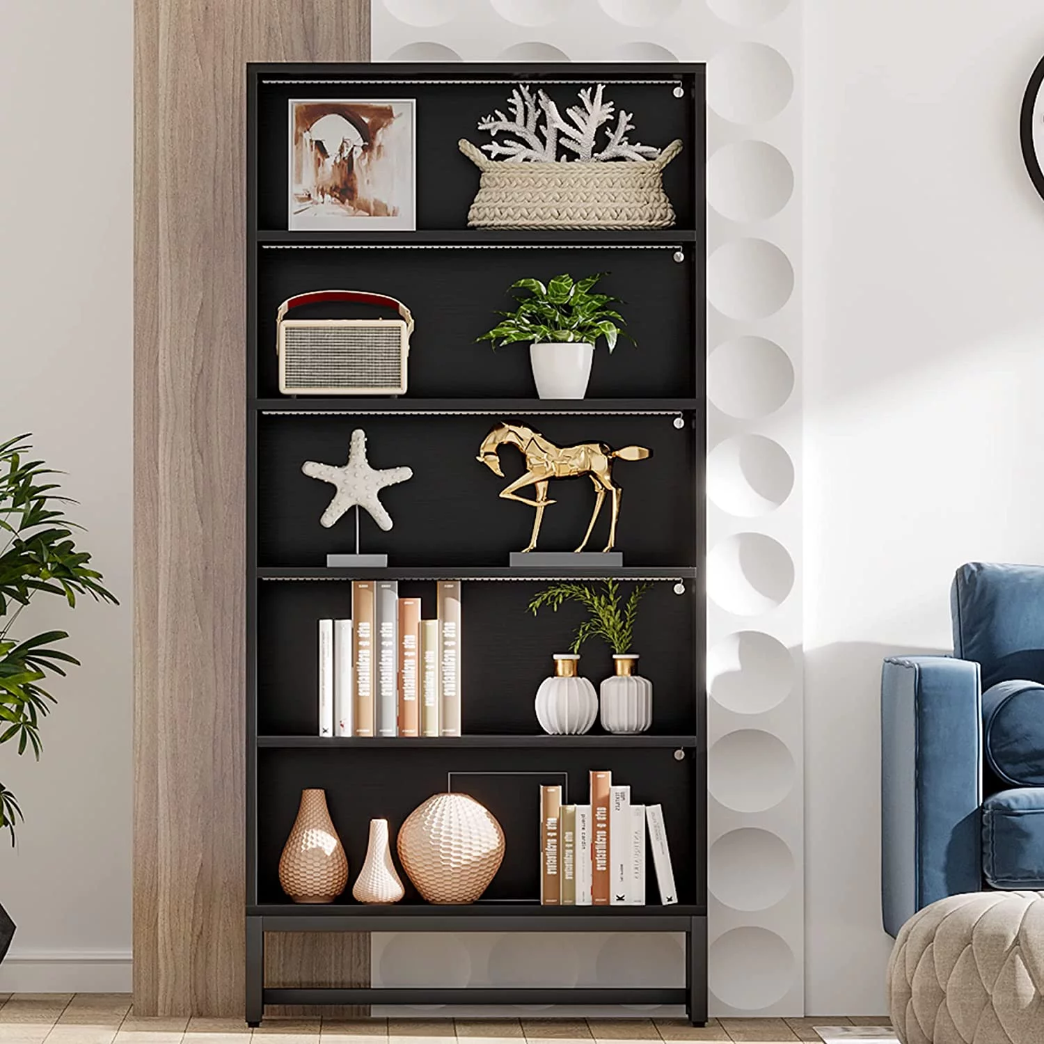 Tribesigns 5 Shelf Bookcase with Led Lights, Freestanding Display Organizer Shelving Unit for Home Office, Black