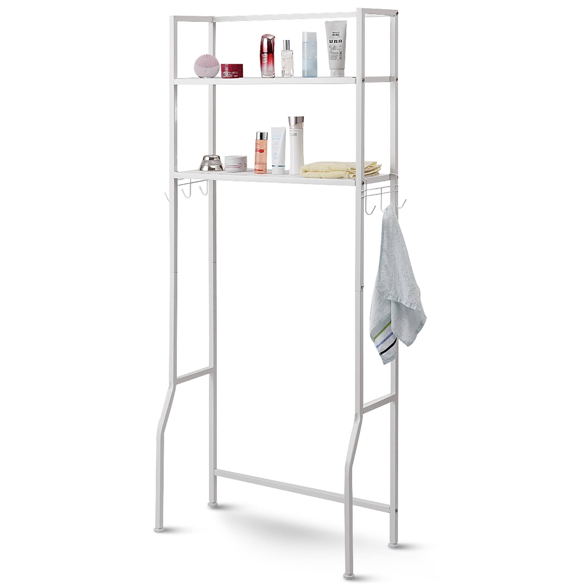 Over-the-Toilet Storage Bathroom Shelf with 2 Tier Rack - Oak Finish - White