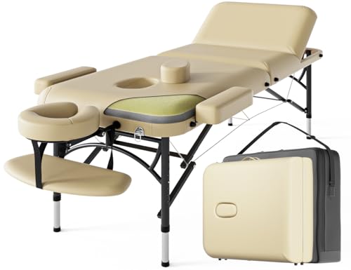 Professional Massage Table Portable 3 Fold Premium Memory Foam Aluminium Leg Hold Up to 1100LBS 8 Heights Adjustable with Carrying Bag Black