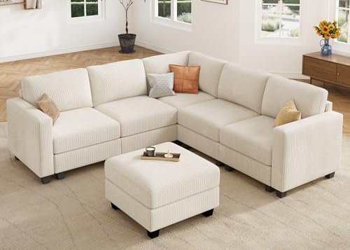 HONBAY Corduroy Modular Sectional Couch with Storage L-Shaped Sectional Couches for Living Room 6 Seater Modular Sofa, Dark Gray