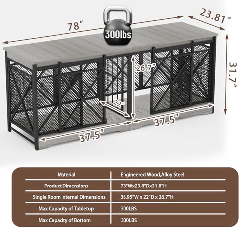 COZPAW 78 Inch Double Dog Crate Furniture, Extra Large Dog Kennel Indoor for Medium Large 2 Dogs