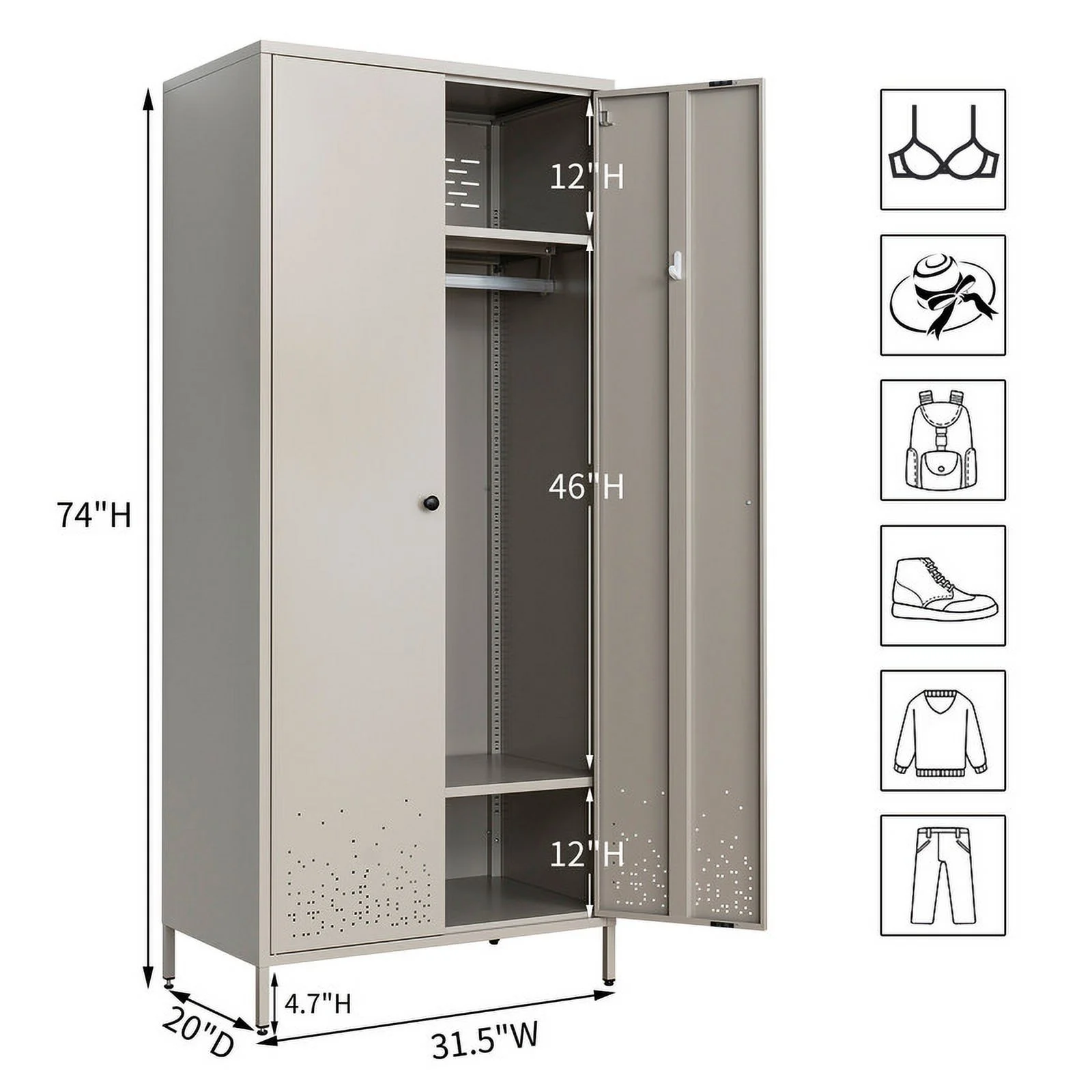 CJF Metal Storage Wardrobe Cabinet Metal Wardrobe Armoire Closet with Adjustable Hanging Rod for Bedroom, Laundry Room (Gray) - Radiant Selections