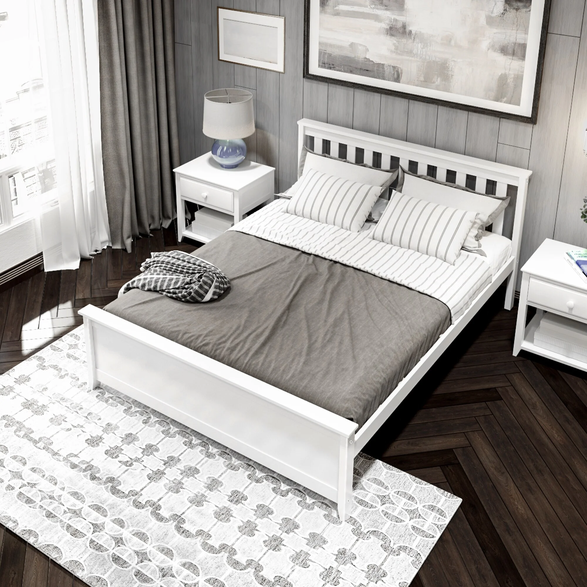 Plank+Beam Queen Bed Frame with Slatted Headboard, Classic Solid Wood Adults Platform Bed, Walnut