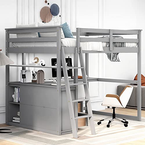 Harper & Bright Designs Twin Size Loft Bed with Wardrobe, Desk and Multiple Storage Shelves, Solid Wood Loft Bed Frame with Bookshelf