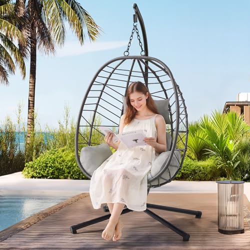 Hanging Egg Chair with Stand, Outdoor Indoor Egg Swing Chair with Cushion Headrest, Wicker Rattan Egg Chair with Dual Chains