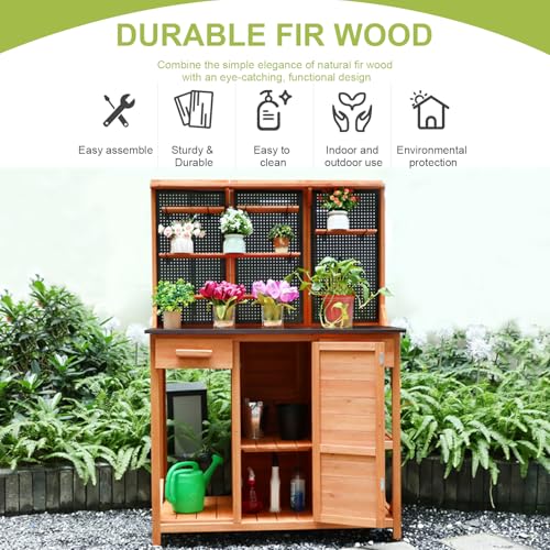 Outdoor Garden Potting Bench, Horticultural Wooden Workstation Table with Storage Drawer, Cabinet, Metal Pegboard