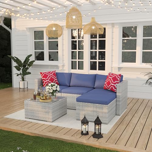 6 Piece Outdoor Patio Furniture Set with Coffee Table, Rattan Deck Conversation Sofa Set