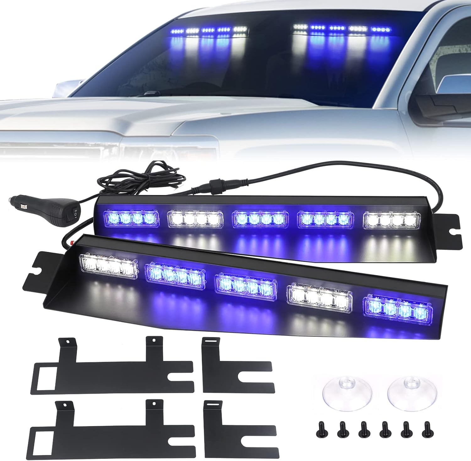 Emergency Visor Lights Green/White Strobe Lights Bar Warning Flashing Safety Interior Windshield for Construction Vehicles Trucks w/ Take Down