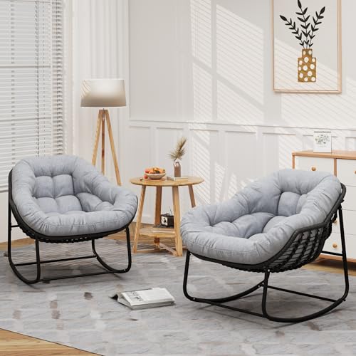 Outdoor Indoor Rocking Chair, Patio Wicker Egg Chair, Indoor & Outdoor Comfy Oversized Papasan Chair with Padded Cushion