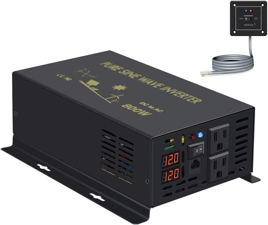 Pure Sine Wave Inverter 800Watt 12V DC to 110V 120V Power Inverter with Remote Control Dual AC Outlets for CPAP RV Car Solar System