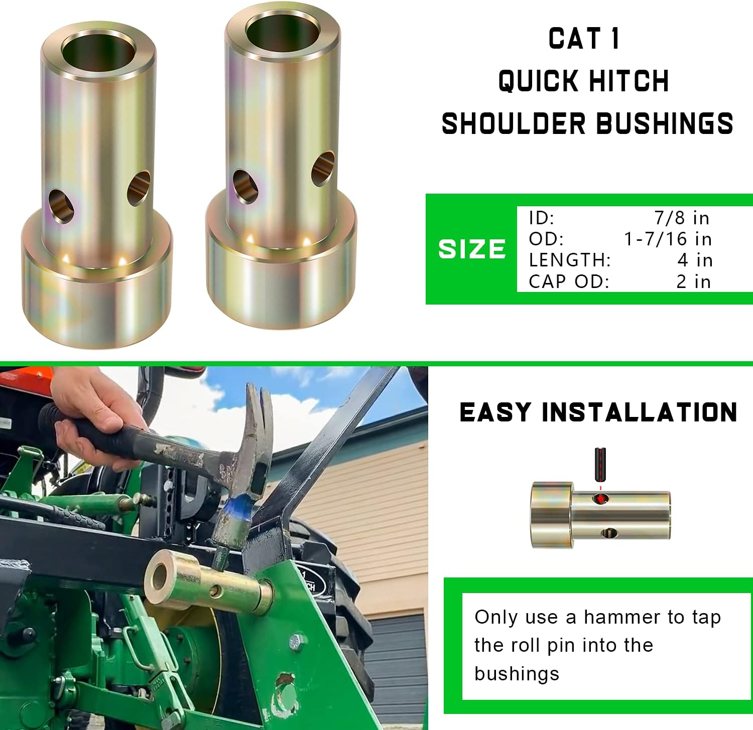 Pair of Cat 1 Quick Hitch Adapter Bushings Set for Category I 3-Point Tractors Use with Quick Hitch System