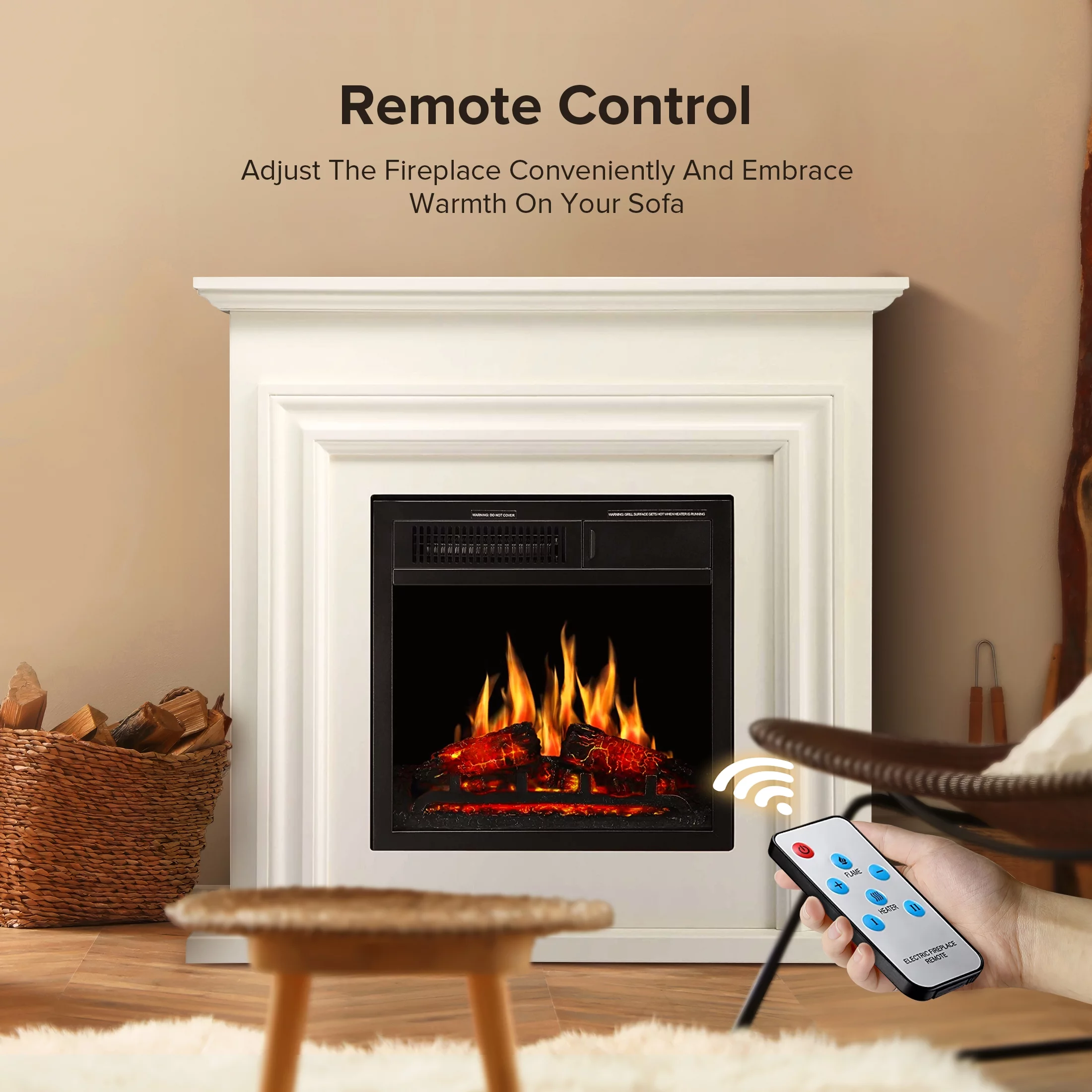 Auseo 36" Freestanding Electric Fireplace with Wood, White Mantel, Remote Control, For Rooms up to 400 Sq.Ft. Adjustable LED Flame & Heating Settings