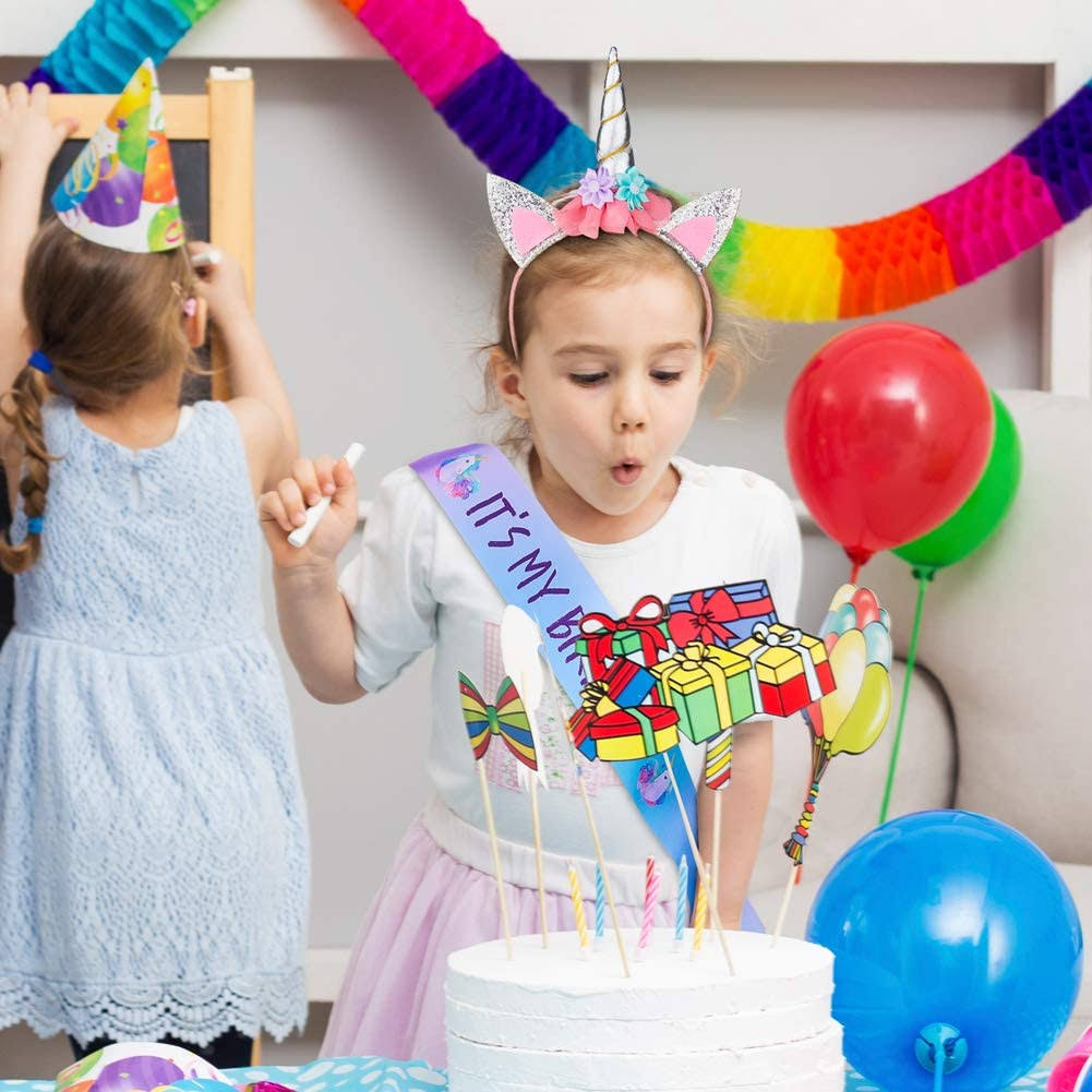 Unicorn Birthday Set, Beinou Shiny Unicorn Headband and Birthday Sash Set Perfect Unicorn Theme Birthday Party Supplies, Silver