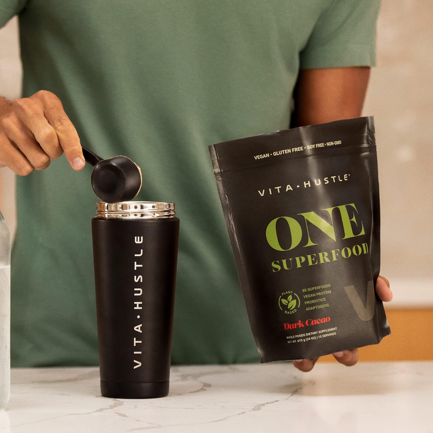 VitaHustle ONE Superfood Vegan Protein Powder Shakes - 20G Plant Based Protein, Super Greens, 1G Sugar, Probiotics, Energy, Digestion, Gluten Free