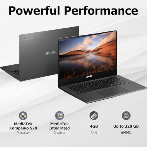 ASUS 14" Chromebook CM1402, MediaTek Kompanio 520, 4GB LPDDR4 RAM, 320GB Storage(64GB eMMC(onboard)+256GB Micro SD), 14" FHD Business Laptop, Webcam