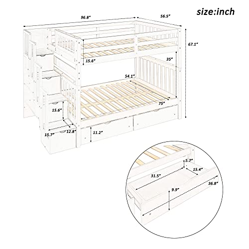 Ball & Cast Twin-Over-Twin Bunk Bed with Twin-Size Trundle and 3 Storage Stairs,Wood Bunkbed w/Full-Length Guardrails,Slat Support