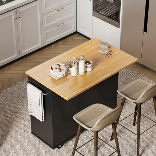 Shintenchi Rolling Kitchen Island Cart with Folding Drop Leaf Breakfast Bar, Portable Trolley Island with Large Storage Cabinet, Shelf and Drawer