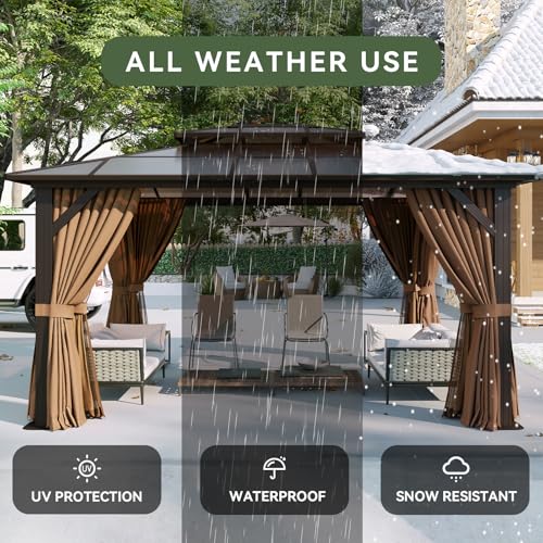Aoxun 12'x10' Hardtop Gazebo, Aluminum Frame Permanent Pavilion with Curtains and Netting, Outdoor Polycarbonate Double Roof Canopy