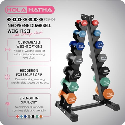 HolaHatha Neoprene Dumbbell Free Hand Weight Set with Rack, Ideal for Home Exercises to Gain Tone and Definition