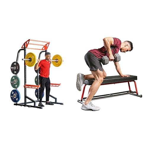 Sunny Health & Fitness Power Zone Half Rack Heavy Duty Performance Power Cage with J-Hooks, Adjustable Pull Up Bar Optional Bench with Dumbbell Rack