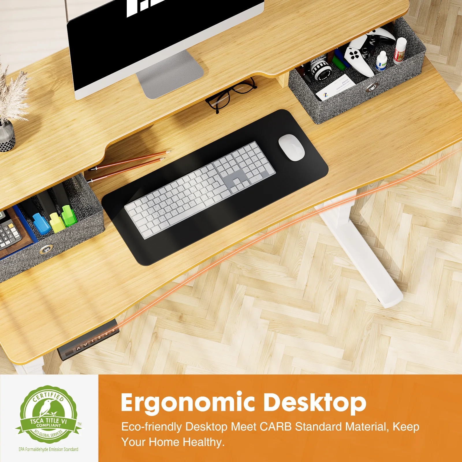 CoSoTower Home Office Height Adjustable Electric Standing Desk with Storage Shelf Double Drawer