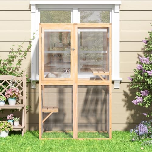 COZIWOW Catio Outdoor Cat Enclosure Window Access, Wooden Cat House Shelter, Kitty Cage with 3 Platforms for Patio Indoor (White)