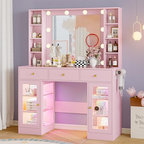 Makeup Vanity Desk with Mirror and Lights, White Vanity with Glass Top, LED Lights & Power Outlet, 3 Drawers & 2 RGB Glass Cabinets