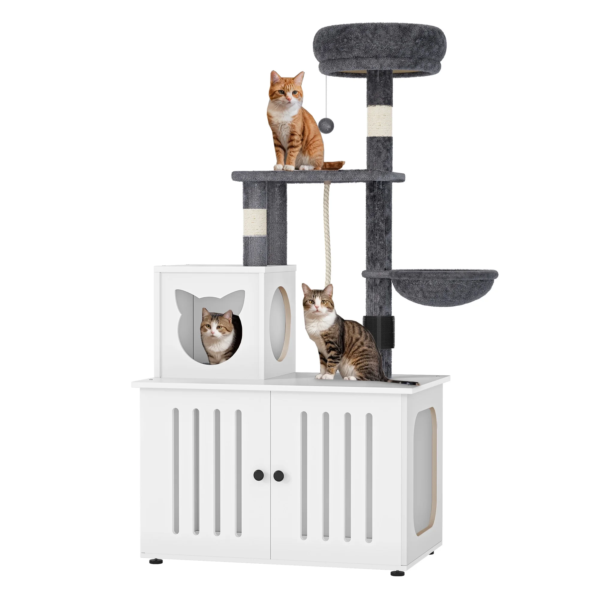 Dextrus 2-in-1 Cat Tree with Litter Box Enclosure,53.5" Large Modern Cat Condo with Scratching Posts, Perch, Food Station, Hammocks