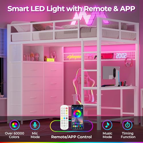 ADORNEVE Twin Size Loft Bed with Desk and 8 Storage Drawers, Metal Kids Loft Bed Twin with LED Lights & Charging Sation, Storage Shelves